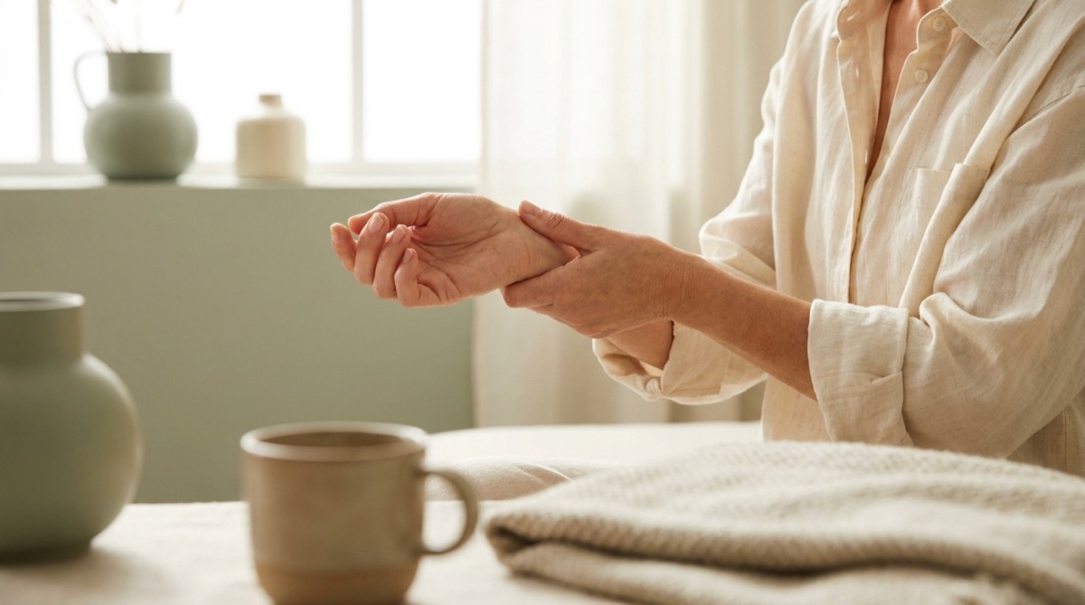 Femme massant doucement son poignet pres d'une fenetre lumineuse, pendant un traitement d'hormonotherapie