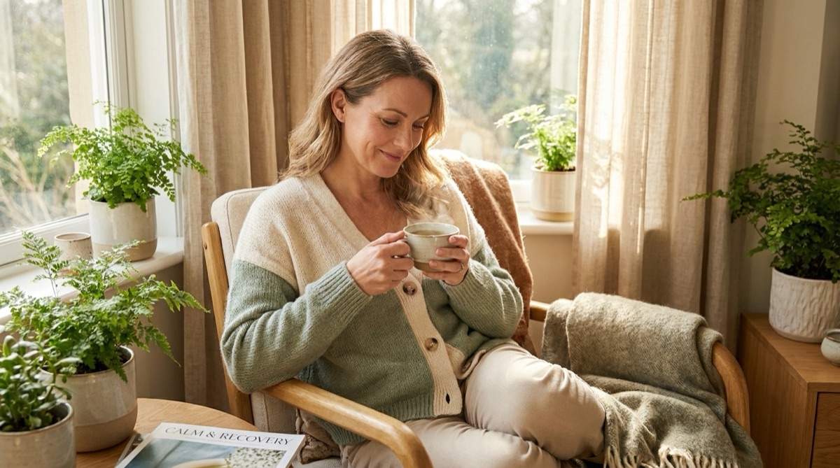 Femme sereine avec une tasse de the, apres un cancer du sein