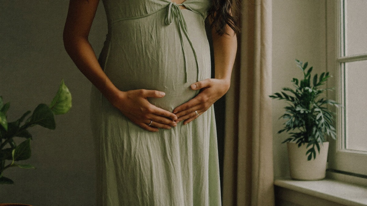 Femme enceinte assise pres d'une fenetre, lumiere naturelle, posant doucement la main sur son ventre