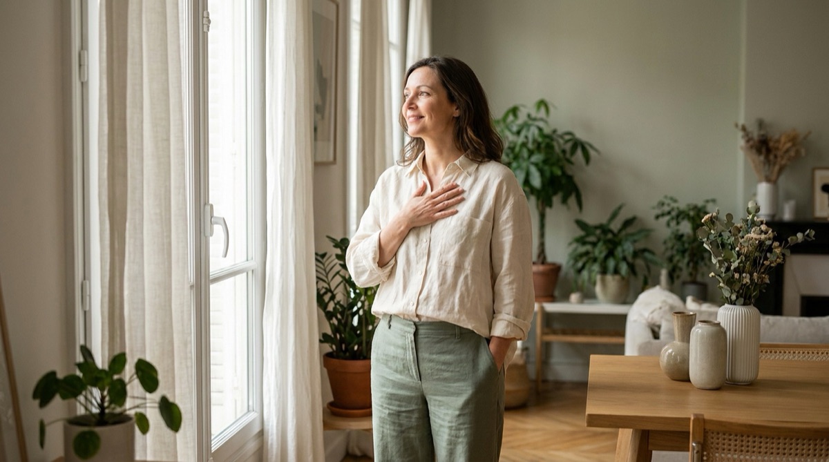 Femme detendue, main posee sur le buste, lumiere douce, apres une reconstruction mammaire
