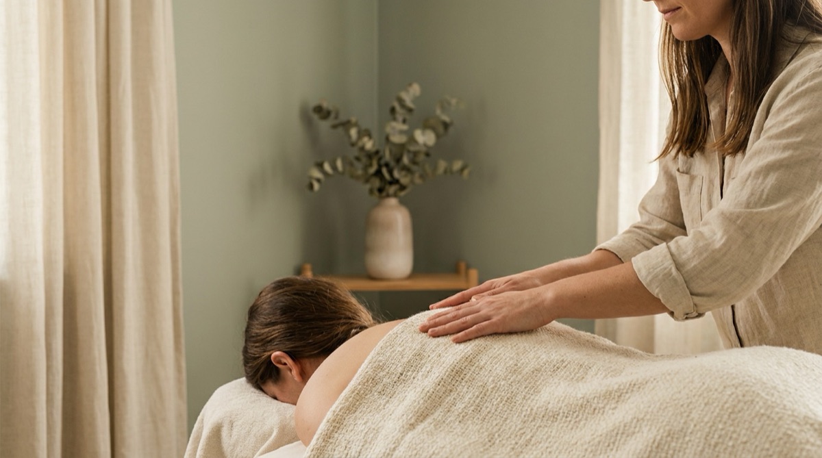 Seance d'osteopathie douce, mains sur le dos