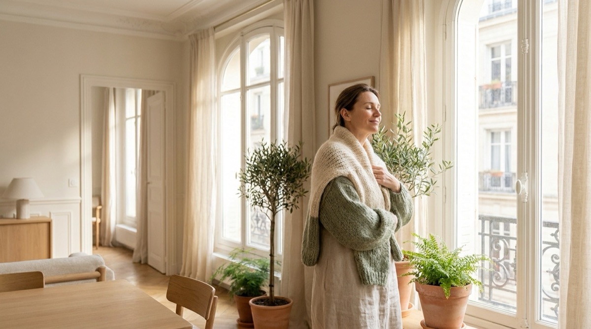 Femme sereine a la fenetre d'un appartement parisien, accompagnement en osteopathie apres un cancer du sein